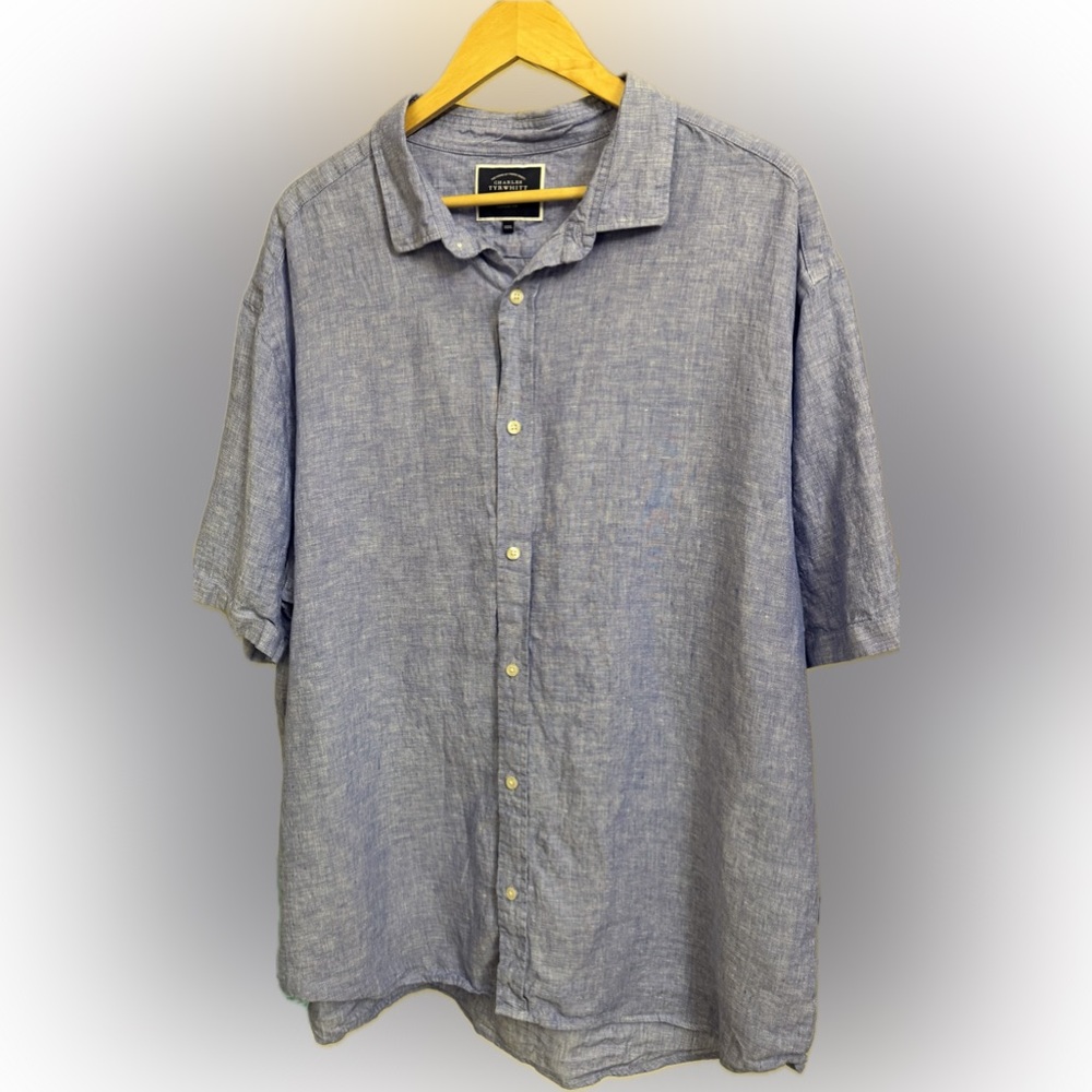 Charles Tyrwhitt Men XXXL Linen Button Down Shirt Short Sleeve Blue Breathable
